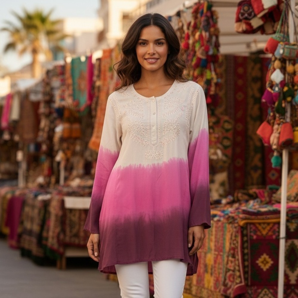 Alain Manoukian Tunic Womens Size 10 Silk Blend Embroidered Sequin Pink Dip‎ Dye